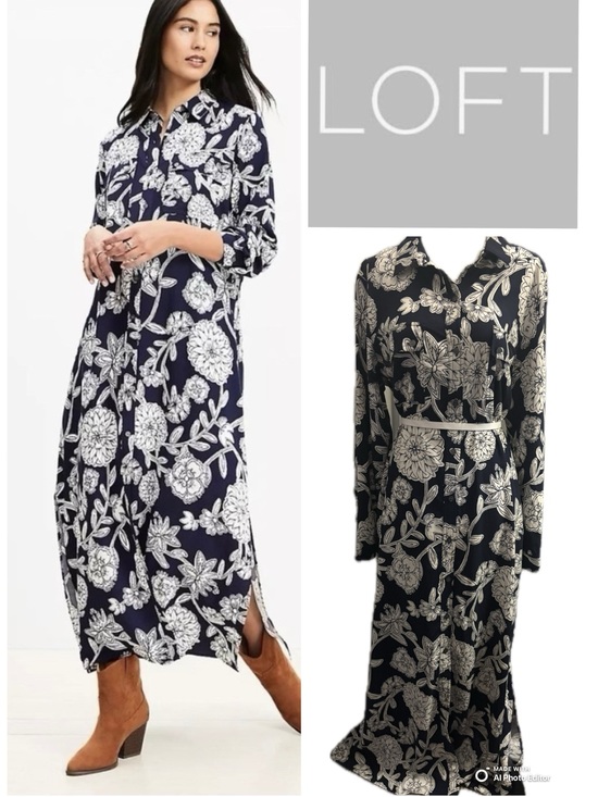 LOFT Dresses & Skirts - !! NWT!!!   LOFT Navy and White Floral Maxi Shirt Dress